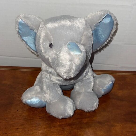 BABY GUND EMMET 10” Super Soft Baby Elephant blue satin details Chime Rattle Toy - Picture 2 of 12